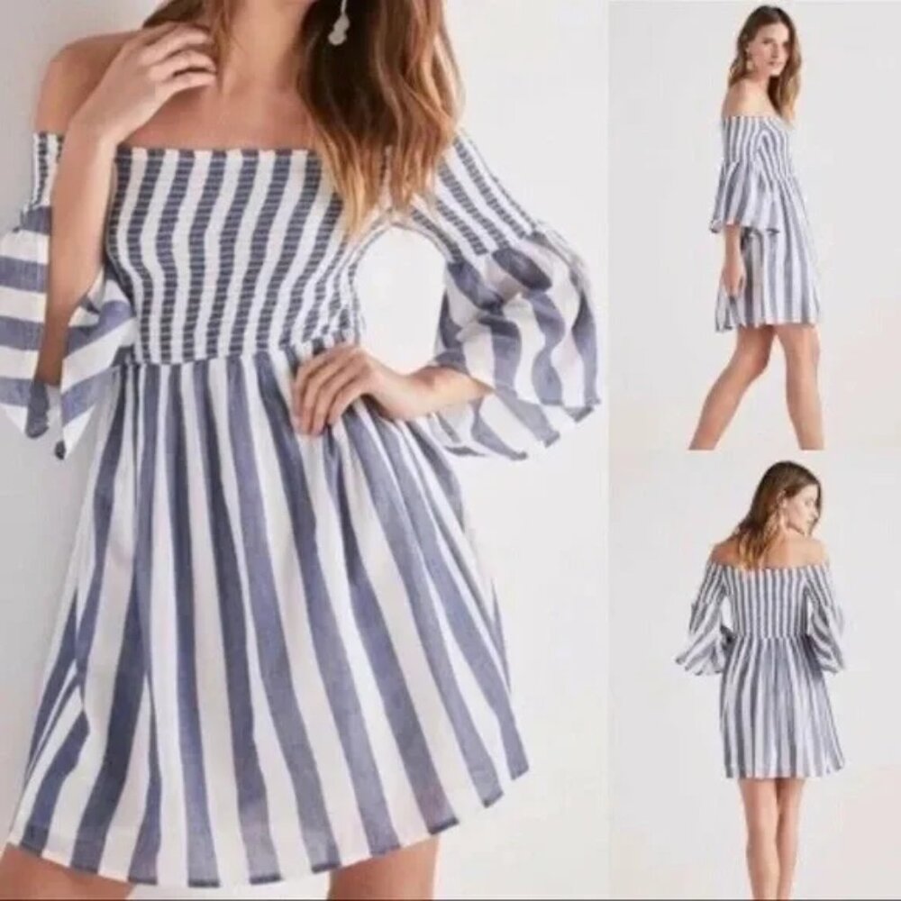 Lucky Brand Blue & White Stripe Off Shoulder Mini Dress 100% Cotton Sz S- EUC‎